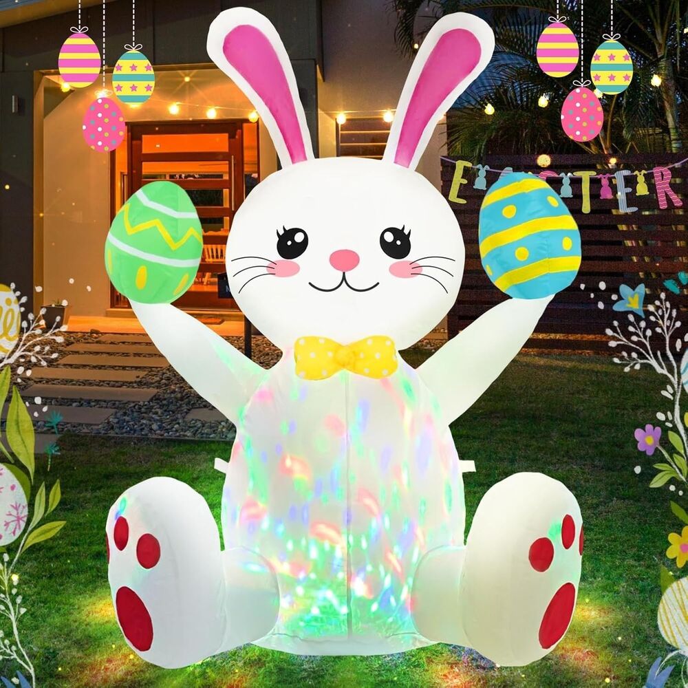 Easter Inflatable LED Outdoor Decoration 4ft Cute Inflatable Bunny Hold Eggs NEW